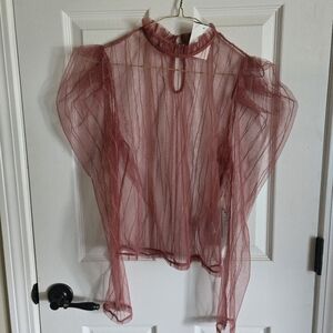 Iris Pink Sheer Ruffled Blouse with Mandarin Collar